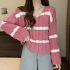Suéter único de punto trenzado vintage estilo coreano para otoño e invierno 2026, nuevo, con cuello en V, bloques de color a rayas, elegante y adelgazante
