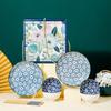 Presente Floral - Conjunto de Tigela e Prato com Padrão Completo Estilo Japonês, Louça de Cerâmica, Tigela e Hashis de Lembrança, Combinação de Tigela e Prato, Caixa de Presente Simples