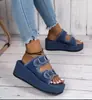 Sandalias de mezclilla de tacón de cuña de gran tamaño, sin cordones, con hebilla, nuevas para 2026, para mujer, para uso exterior en verano