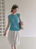 Blusa de Tricô de Manga Curta em Linho e Seda Gelada Estilo Coreano para Mulheres Verão Design Sense Nicho Emagrecedora Respirável Camada de Base