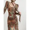 Vestido de Cinta con Estampado de Malla Degradada para Mujer, Otoño, Cintura Plisada Adelgazante, Manga de Linterna Larga