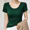 Camiseta de Algodón Acanalado de Alta Elasticidad con Cuello en U para Mujer, Manga Corta, Nuevo Estilo Verano 2026, Adelgazante, Tacto de Alta Gama, Top Versátil, Camiseta Base de Hombro Regular