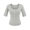 Camiseta Henley de Manga Média Estilo Retrô Americano para Mulheres, Novo Modelo Verão 2026, Gola Henley Meio Aberta com Botões, Top Base Slim Fit