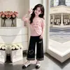 Elegante Casual Genial Estampado de Letras Manga Corta Verano Estilo Coreano Holgado Deportivo Pierna Ancha Pantalones Largos Conjunto Individual de Dos Piezas para Niños Grandes