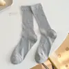 Calcetines Coreanos Finos y Transpirables para Mujer, Color Sólido de Primavera y Verano, Canalé, Sin Costuras, Algodón, Hasta la Mitad de la Pantorrilla