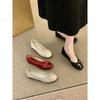 Sapatos Femininos de Couro Envernizado Bico Redondo Estilo Francês 2025 Verão Novo Laço com Saia Salto Baixo Vermelho Sapatos de Salto Baixo
