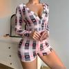 Mono Ajustado Sexy Transfronterizo Europeo y Americano de Shopify, Cuello en V Profundo, Lazo, Estampado a Cuadros, Mangas Largas, Pijama de una Pieza