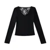 Camiseta Sexy de Encaje Patchwork sin Espalda de Manga Larga para Mujer, Camisa Base Versátil a la Moda, Top Corto Elegante
