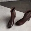Botas ajustadas de piel de cordero lavada de primera capa con cremallera trasera, tacón grueso nuevo, simples, versátiles, de tacón alto, de moda, modernas