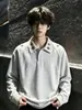 Sudadera con Capucha y Cuello Alto Gris Flor Blanca para Hombre Otoño Bordada Manga Larga Camiseta Marca de Moda Americana Camisa Base con Cuello