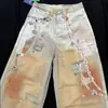 Marca Tendência Jiayiku 2025 Jeans Lavado Retro Americano com Estampa 3D Calças de Corte Reto Personalizadas Cleanfit Perna Larga