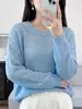 Suéter de punto de algodón puro con cuello redondo, nuevo para principios de otoño 2026, de manga larga para mujer, color liso, hueco, holgado, versátil, camiseta básica