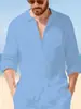 Nova Camisa de Linho Masculina de Manga Longa, Camisa Casual de Praia com Caimento Solto e Colarinho, Camisa Lisa de Manga Longa