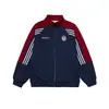Sudadera cárdigan de bloques de color a rayas estilo americano con cuello alto, chaqueta deportiva casual versátil de corte holgado a la moda estilo universitario para hombre