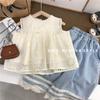 Ropa Coreana para Niñas Conjunto de Verano Nuevo Chaleco Calado Pantalones Escoceses de Pierna Ancha Dos Piezas Camisa de Muñeca Moderna Exportación