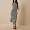 Vestido de punto a rayas europeo y americano transfronterizo, corte ajustado, vestido lápiz que realza la figura, estilo de comercio exterior de otoño, sin mangas, vestido largo