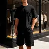 Conjunto de Shorts Casuais de Verão Pesado Jacquard Xadrez Loose de Manga Curta para Homens Europeus e Americanos Cross-Border High Street Venda por Atacado para Homens