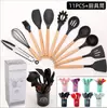 Utensílios de Cozinha com Cabo de Madeira de Silicone Conjunto de 11 Peças Frigideira Antiaderente Pá Colher Conjunto de Ferramentas Pá Colher Escumadeira Conjunto de Utensílios de Silicone para Cozinha
