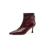 Botines de tacón de aguja con punta de cuero genuino para mujer con cremallera trasera, botas de moda, botines cortos para mujer