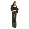 Traje de mezclilla transfronterizo para mujer, con estampado de camuflaje, chaqueta ligeramente acampanada, corte ajustado estilo americano, pantalón largo de camuflaje y chaqueta de camuflaje de longitud extendida