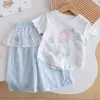 Conjunto de Sirena para Niña Verano Nuevo Estilo Azul Fresco Bebé Cuadros Pantalón Corto Manga Corta Anti-Mosquitos Cómodo Casual Conjunto de Dos Piezas
