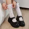 Meias Arrastão de Renda Francesa Estilo Ballet com Laço, Malha Vazada e Babados, Comprimento Meia-Panturrilha, para Mulheres