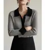 Ss Studio Jersey de Punto de Lana Gris Contrastante para Mujer Otoño e Invierno Manga Larga Camisa Base Top