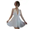 Ropa Interior Sexy de Noche Larga, Pijamas Sexys para Mujer, Bata de Noche Talla Grande, Conjunto de Ropa para el Hogar con Escote Halter y Cordones Qqny1189