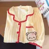 Pijama de Encaje con Rayas Amarillas y Osito para Mujer Verano Encaje Manga Corta Pantalón Corto Conjunto de Dos Piezas Se Puede Usar Fuera de Casa Ropa para el Hogar