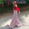 Calça Larga de Cintura Alta Estilo Americano Yc&2 Cores com Design de Botão, Estilo Xadrez Preguiçoso, Calça Casual Versátil para Mulheres, Nova Coleção Primavera/Verão