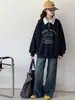 Conjunto casual de estilo coreano para niñas, sudadera con bloques de color y estampado de perro con cuello camisero y jeans de pierna ancha, conjunto de dos piezas para niños mayores, moderno atuendo de otoño