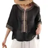 Camisa bordada estilo étnico vintage para mujer, camiseta de verano fina ajustada de manga de cinco cuartos para exportación