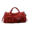 Bolsa de viaje de tela estilo callejero, color sólido, costuras de contraste, múltiples bolsillos, bolsa de viaje casual