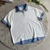 Camisa Polo Patchwork Xadrez Azul Marinho Falsa Duas Peças Manga Curta para Homens e Mulheres, Camiseta Estilo College Americano de Verão Série Miu