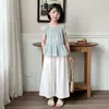 Novo Conjunto de Verão para Meninas, Tamanhos Médio e Grande, Blusa Top Listrada com Mangas Pequenas Volumosas Calça Larga Conjunto Fashion de Duas Peças
