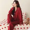 Nuevo Pijama de Algodón Puro Rojo Festivo para Mujer de Primavera y Otoño, Manga Larga, Cuello Solapa, Conjunto Casual Holgado y Cómodo para Casa