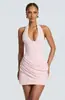 Vestido Corto Blanco Estilo Y2K con Cuello Halter y Escote en V Profundo, Sexy Ajustado Bodycon