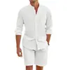 Conjunto de Dos Piezas de Verano para Hombre de Amazon Transfronterizo: Camisa de Lino con Botones, Shorts de Manga Larga, Cárdigan, Atuendo Casual de Playa