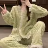 Cardigã de Renda Conjunto Quente para Mulheres Inverno 2025 Novo Pijama Grosso de Veludo para Meninas Roupa Externa de Inverno Roupas de Casa Largas