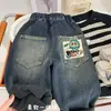 Calça Jeans Blue Labubu Kidsren Masculina Outono e Inverno 2025 Nova Calça Kidsren Solta Veludo para Bebê