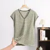 Camiseta de Verano Nueva de Talla Grande Holgada de Manga Corta con Cuello en V para Mujer Tallas Grandes Muslos mm Camiseta Rayada Tops 2025