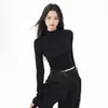 Camiseta Térmica Base de Manga Raglán Gris de Cuello Medio Alto para Mujer Otoño/Invierno Nuevo Estilo Básico Color Sólido Ajuste Delgado Versátil