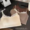 Nueva lencería de estilo francés de canalé y encaje con tirantes finos para mujer, top tipo camiseta de longitud media con copas y tirantes, transfronterizo