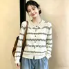 Cardigan Tricô Jacquard Retrô com Gola Boneca Manga Longa para Mulheres, Novo Outono 2026 Casaco Suéter Solto Emagrecedor Top