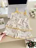 Novo Conjunto de Verão Floral Princesa Sem Mangas Fofo Estilo Atmosfera para Meninas Fino Estiloso Alça Fina Tipo Espaguete Desenho Animado