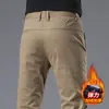 Pantalones Casuales Gruesos con Forro de Polar para Hombre Hong Kong 2026, Pantalones Caqui Rectos Ajustados Elásticos de Negocios para Hombre