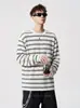 Camiseta listrada de gola redonda e manga longa, unissex, estilo outono, retrô americano, modelagem solta, casual, moderna e versátil