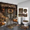 Cortina de Ducha Impermeable con Tema de Halloween Juego de Cuatro Piezas Decoración de Calabaza Cortina Divisoria de Baño Juego sin Taladro