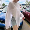 Camisa ligera de manga larga con protección solar para la playa para mujer, camiseta holgada de talla grande para verano, top de moda con abertura, cubrepiernas de punto de seda helada