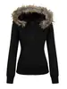 Sudadera jacket negra ajustada para mujer, nuevo estilo otoño 2026, cárdigan retro americano otoño/invierno con capucha y cuello de piel sintética, atuendo